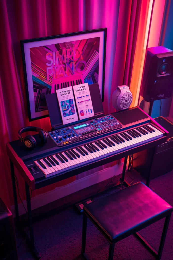 A keyboard on a stand with sheet music, colorful lighting, and a stool nearby.